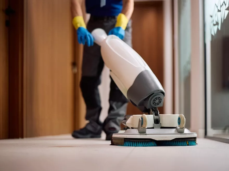 Specialist operative using a commercial floor-cleaning machine