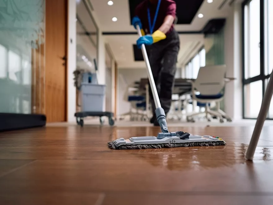 Professional cleaner mopping the floor of a modern commercial office